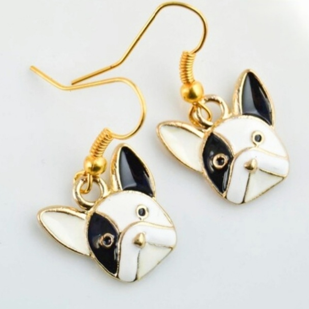 Gold plated black crystal Boston terrier/French bulldog earrings - Picture 5 of 11